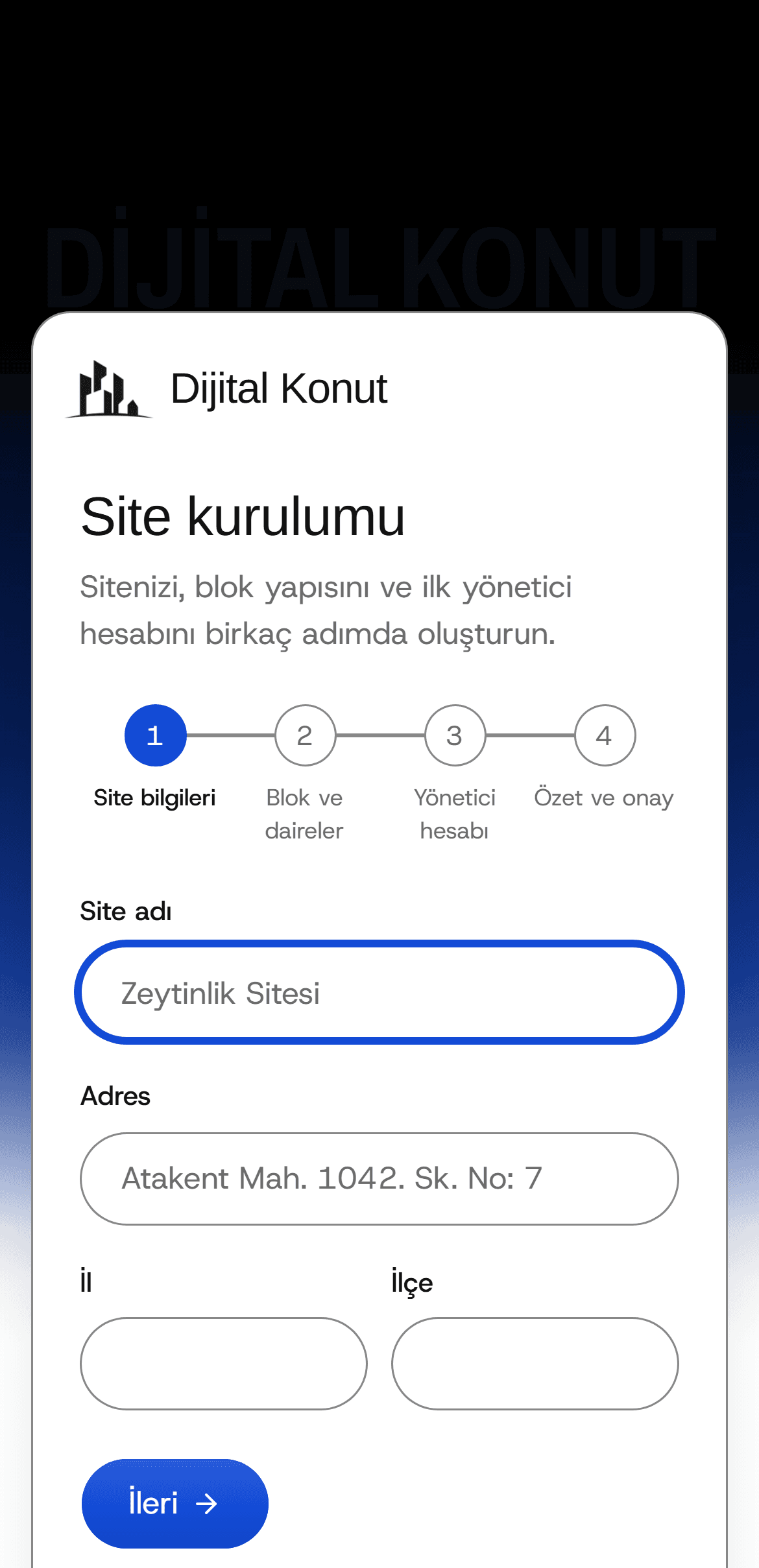 Kurulum sihirbazının ilk adımı: site adı, adres, il ve ilçe alanları